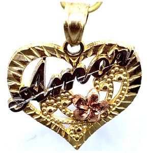 14K Yellow Gold Love Message Heart Pendant Necklace